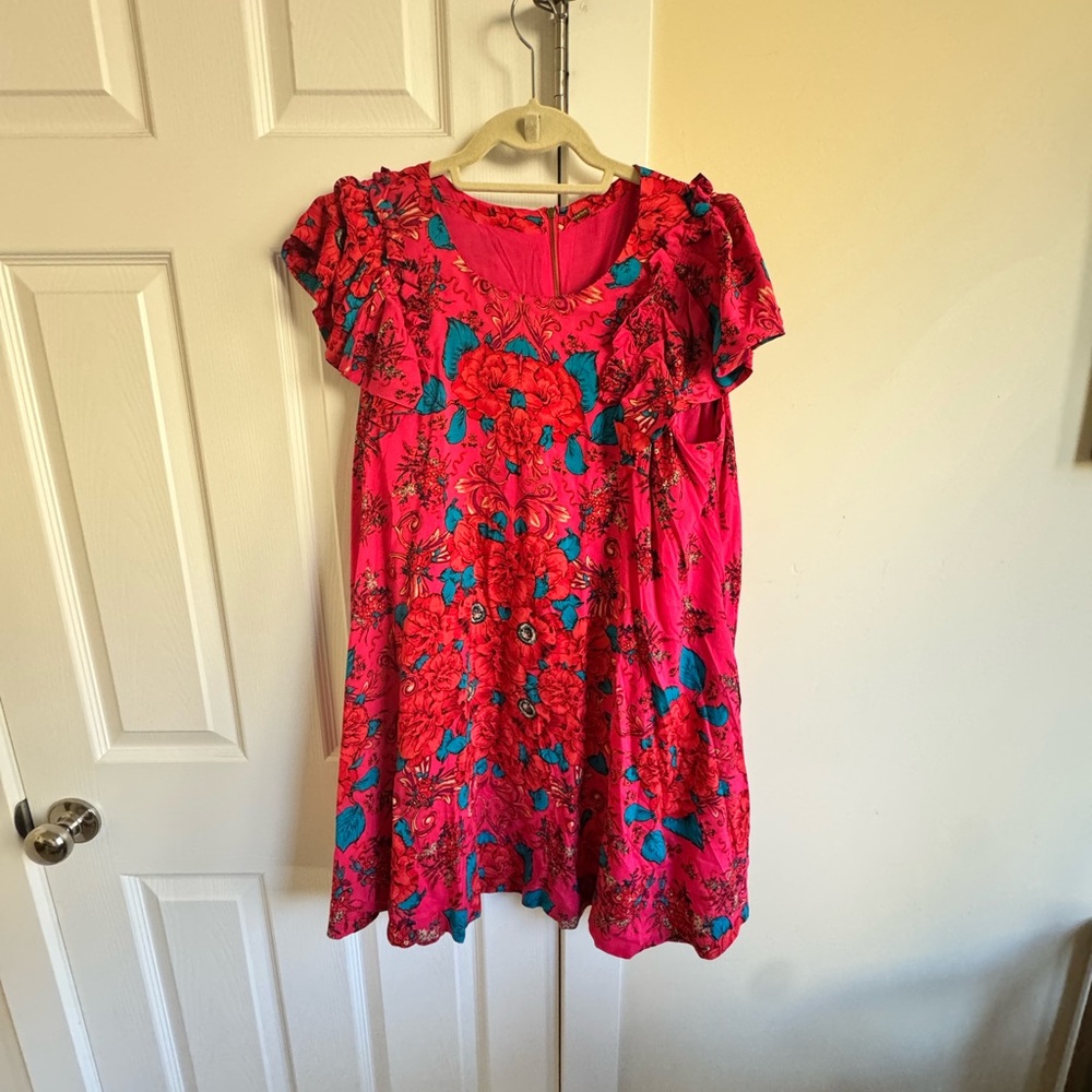 Free People Vibrant Pink and Blue Floral Mini Dress